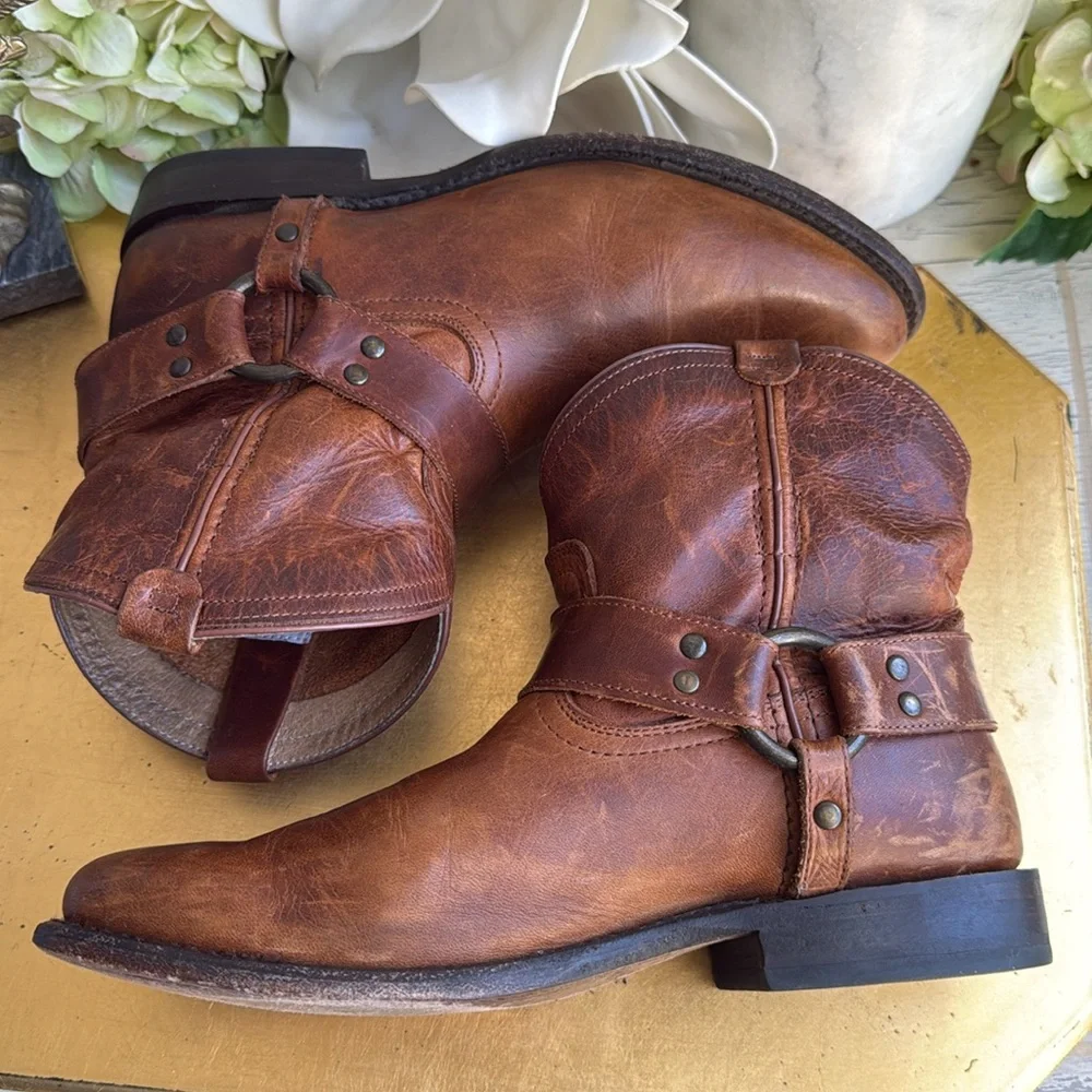 Frye Wyatt Harness Distressed Short Boot in Cognac Leather